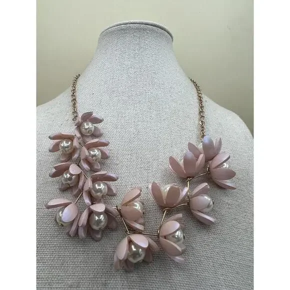 Pink Floral Pearl Necklace with Gold Chain   C47 - Picture 2 of 8